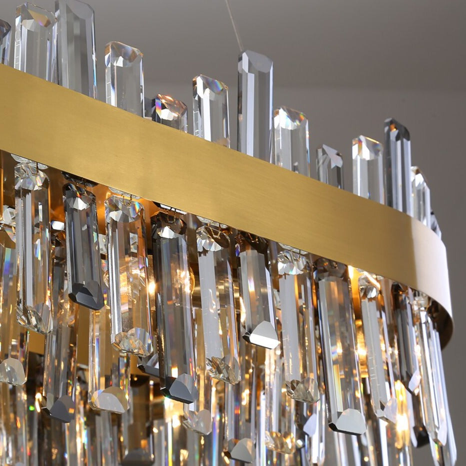 Close up of diamond cut crystal detailing on rectangular chandelier