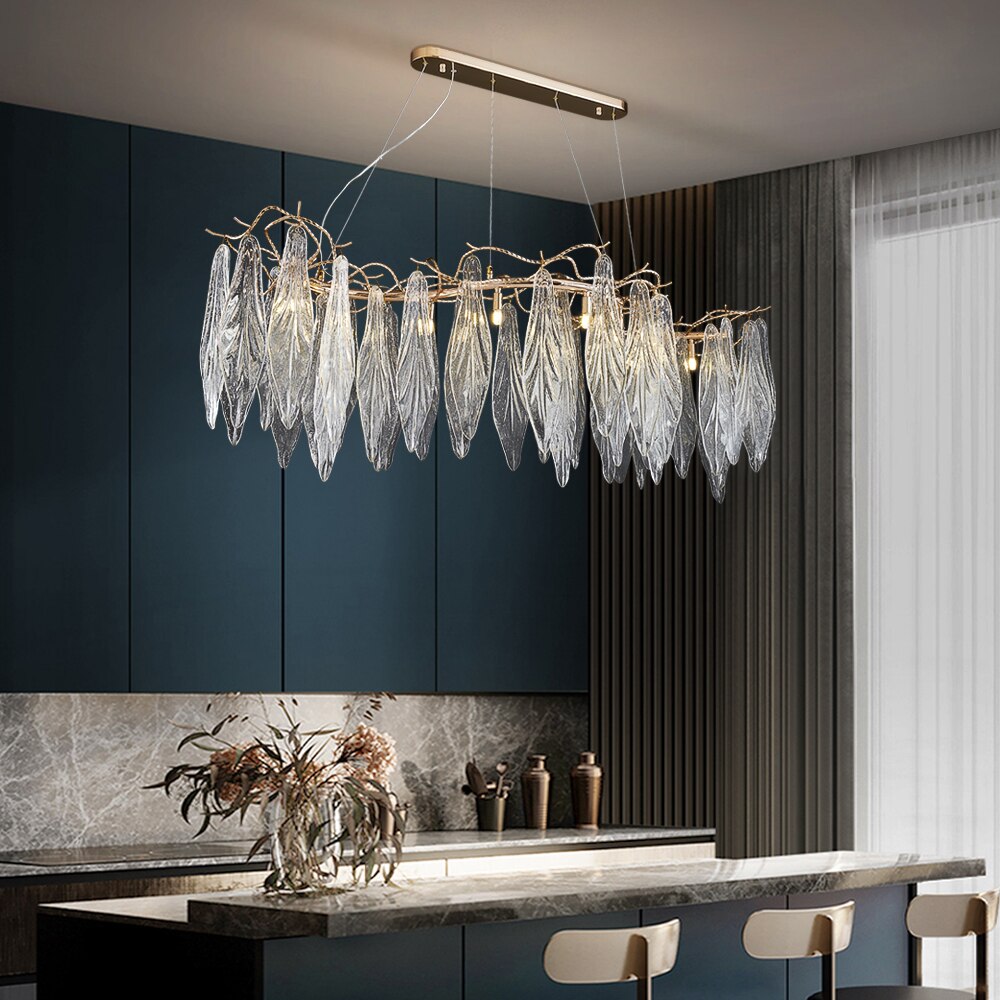 VORELLI® Larvotto rectangular chandelier with sculptural branch frame and leaf-shaped glass