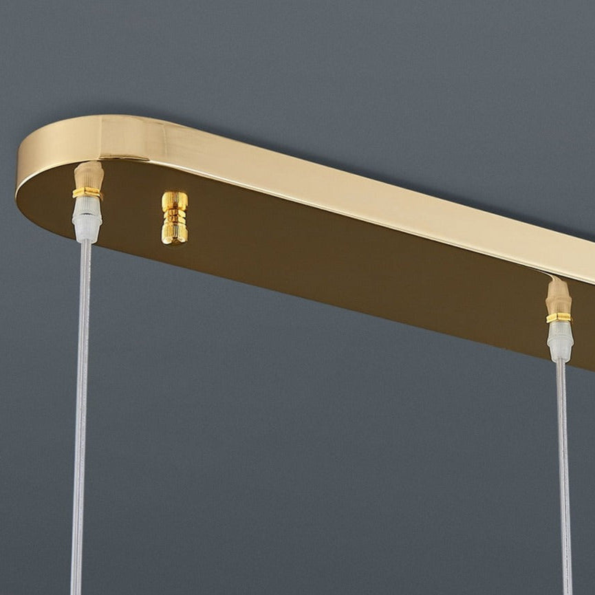 Close-up of the brushed decorative ceiling bar and suspension cables on the VORELLI Manhattan Rectangular Chandelier II
