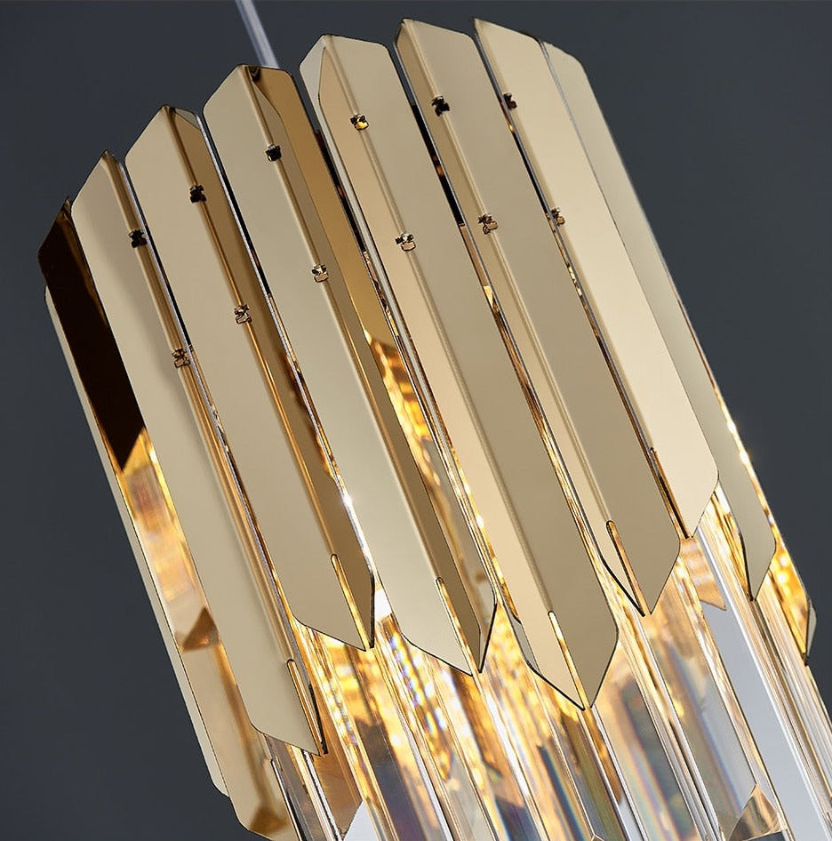 Detailed view of the gold decorative frame and cascading crystal bars on the VORELLI Manhattan Rectangular Chandelier II