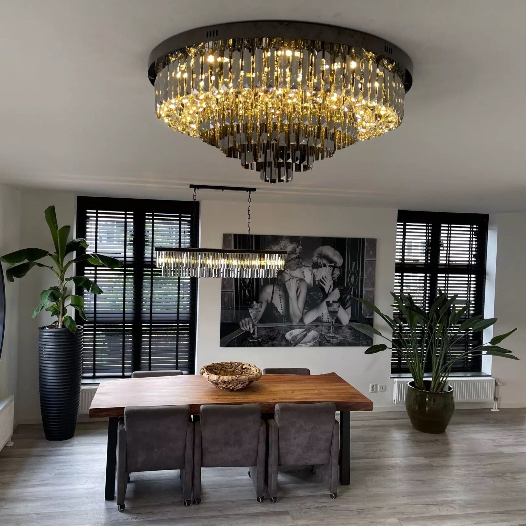 VORELLI Margoux ceiling light featuring layered crystal bars and spheres forming a luxurious modern ceiling chandelier in an elegant interior