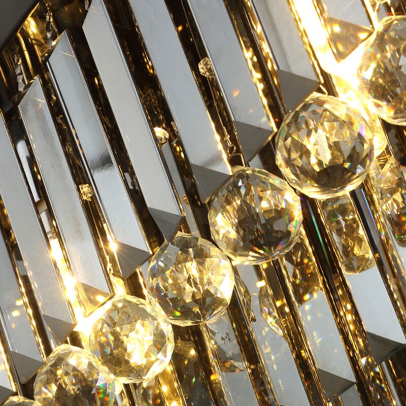 Close view of crystal bars and faceted spheres on the VORELLI Margoux rectangular chandelier highlighting brilliance and craftsmanship
