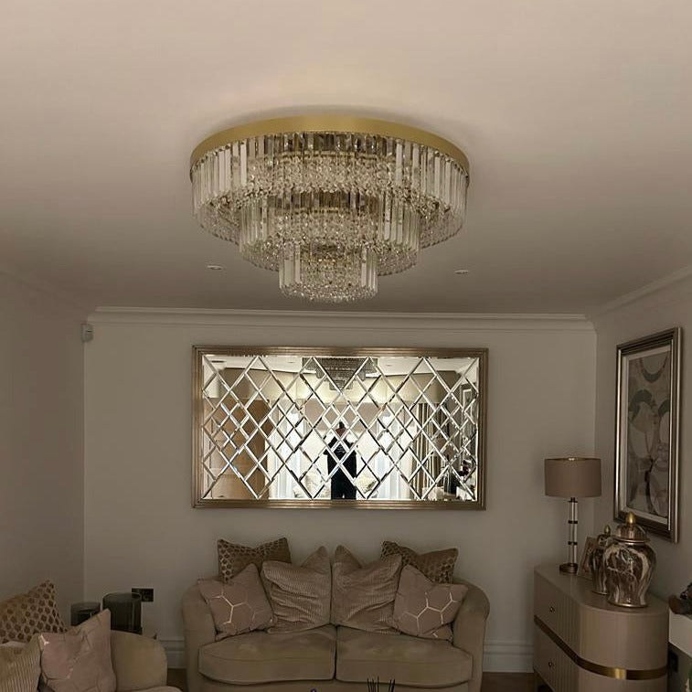 Elegant VORELLI Merlimont crystal ceiling light installed in a refined living room interior