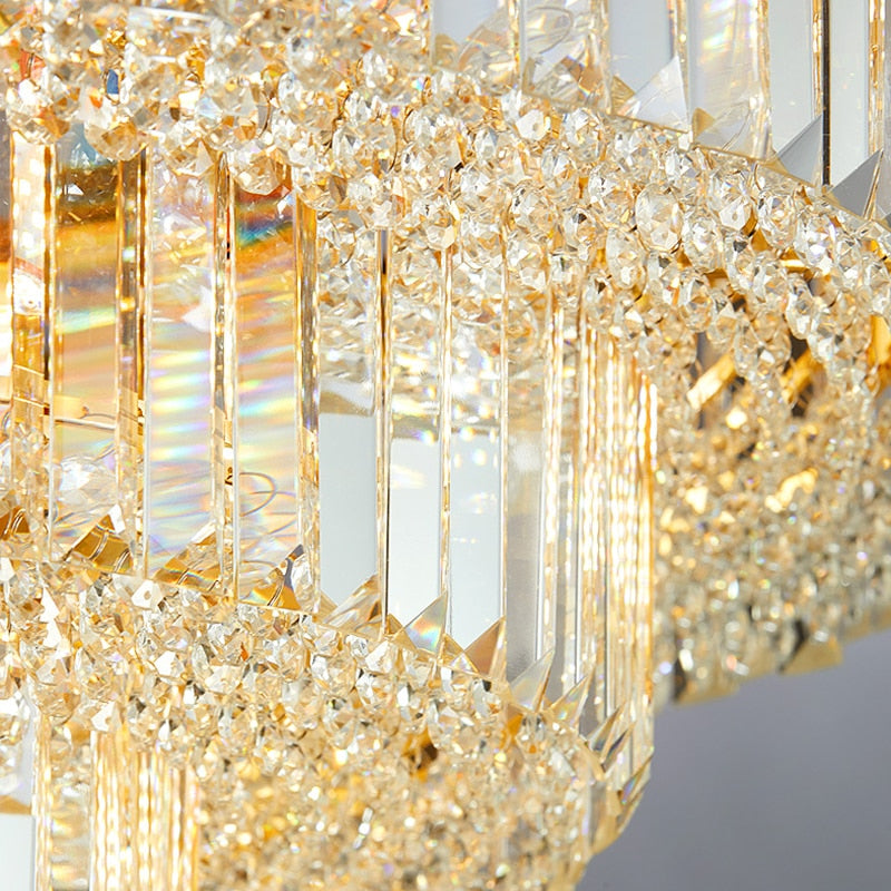 Close-up of tiered crystal bars on the VORELLI Merlimont circular chandelier