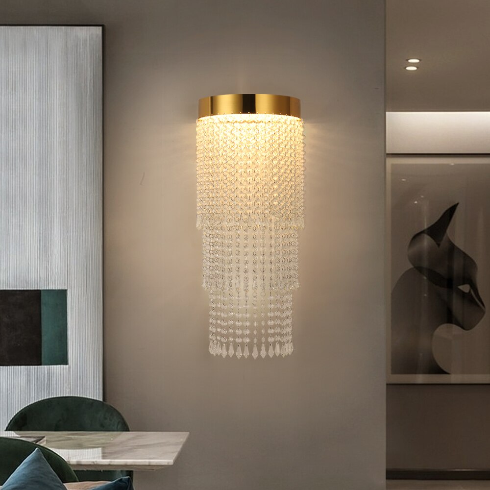 VORELLI® Modesto crystal wall light mounted in luxury hallway with layered diamond cut crystal chains