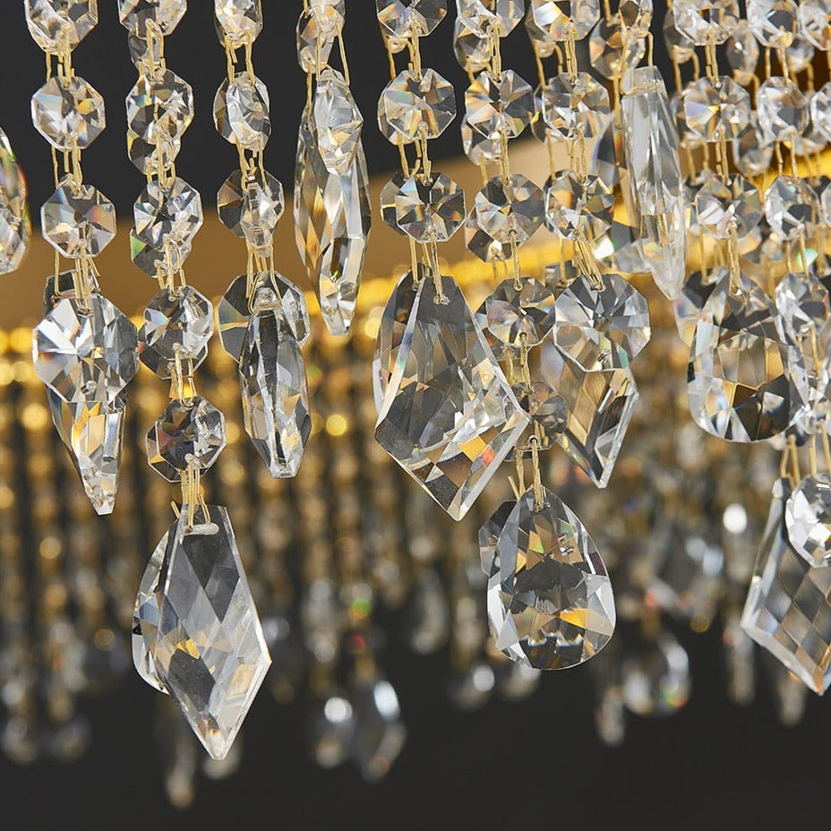 Detailed view of diamond cut octagon crystal chains on VORELLI® Modesto rectangular chandelier