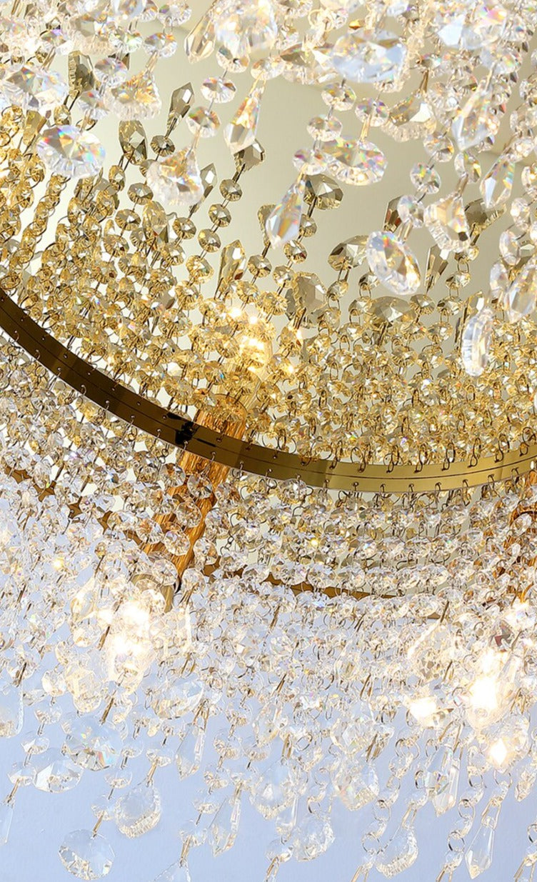 Detailed view of diamond cut octagon crystal chains on VORELLI® Modesto luxury ceiling light