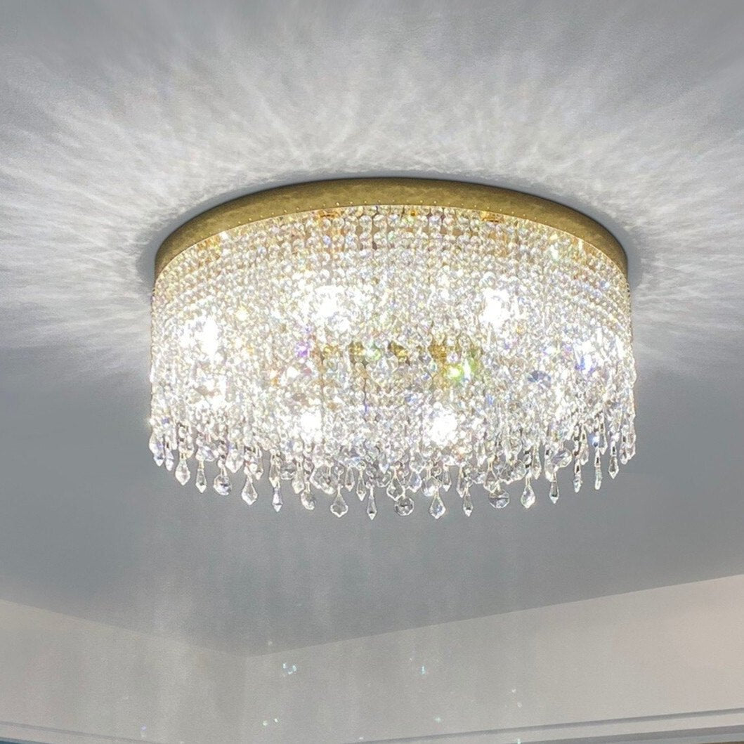 VORELLI® Modesto flush crystal ceiling light installed in bedroom with layered octagon crystal chains creating soft illumination