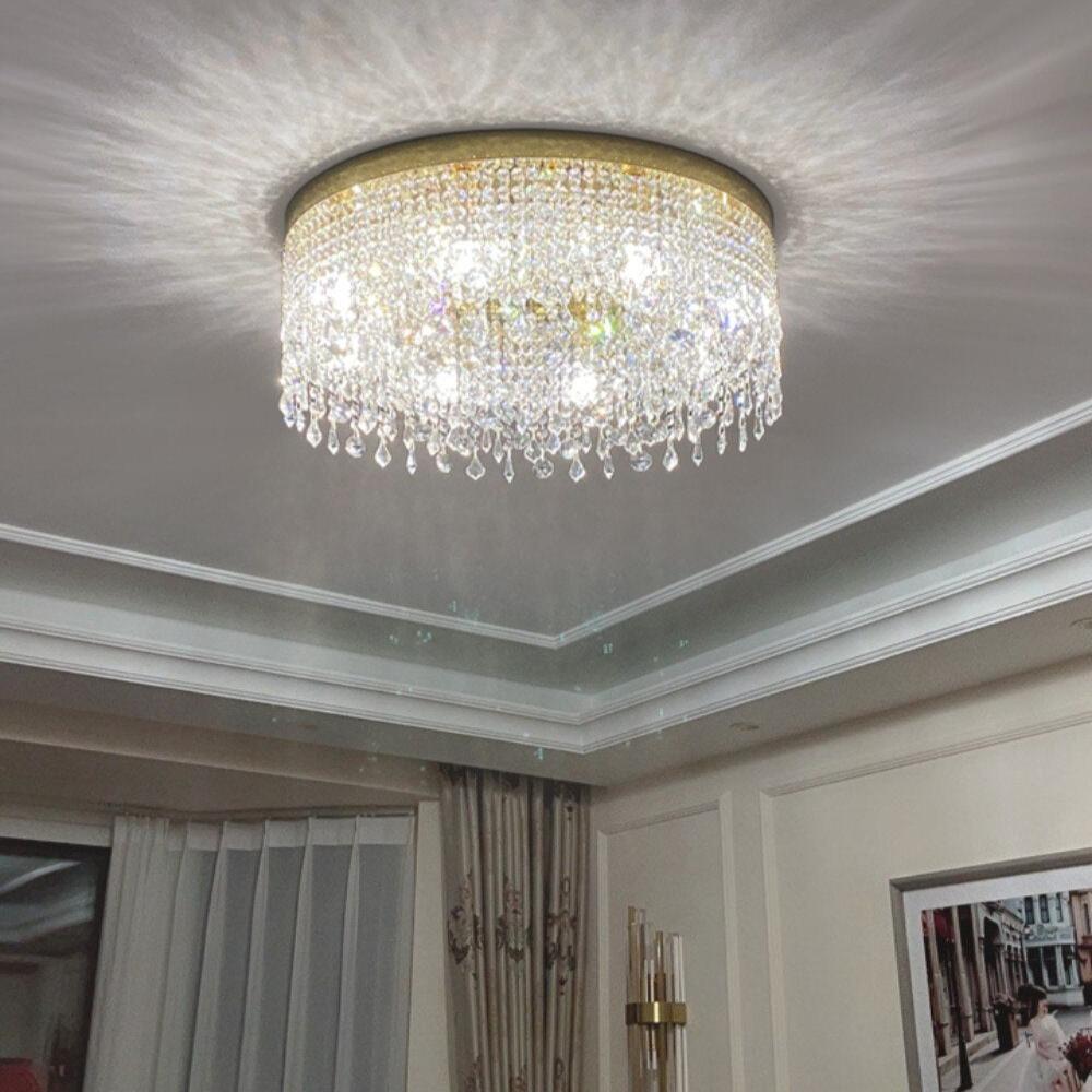 VORELLI® Modesto luxury ceiling light mounted in contemporary living room with cascading crystal detailing