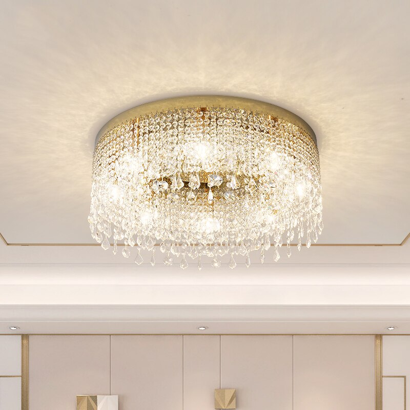 Close up of VORELLI® Modesto ceiling light showing diamond cut octagon crystal chains arranged in circular formation