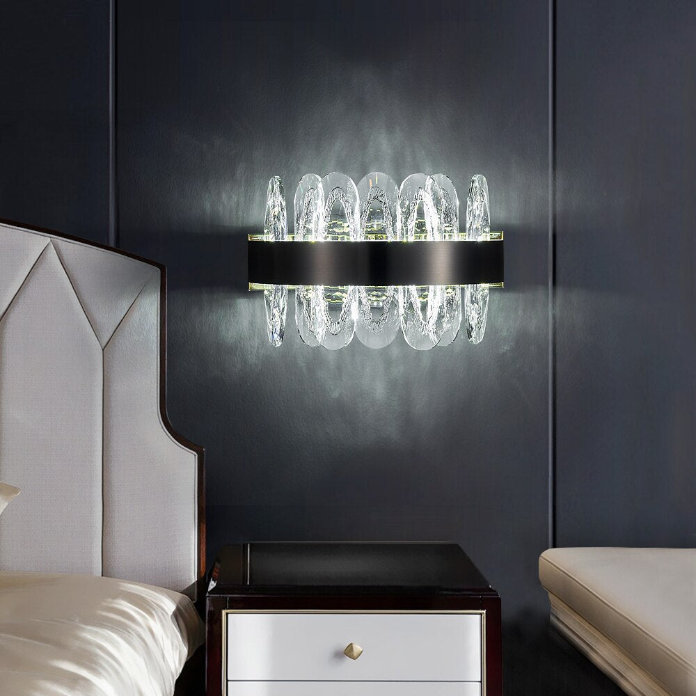 VORELLI® Monte-Carlo crystal wall light mounted in upscale interior highlighting textured oblong crystal design