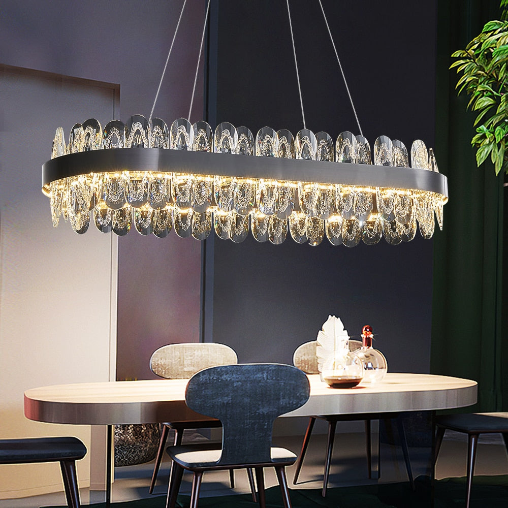 VORELLI® Monte-Carlo luxury rectangular chandelier installed in modern interior with textured oblong crystal detailing