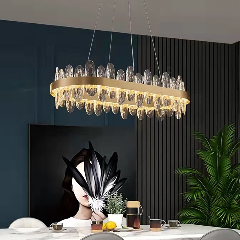 Close up of textured oblong crystal elements on VORELLI® Monte-Carlo rectangular chandelier