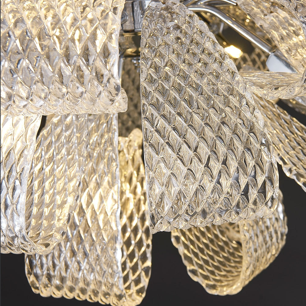 Detailed view of patterned glass structure on VORELLI® Munz modern circular chandelier