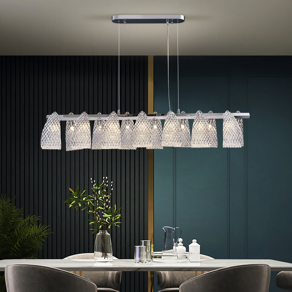 VORELLI® Munz modern rectangular chandelier installed in upscale interior with flowing glass ribbon design