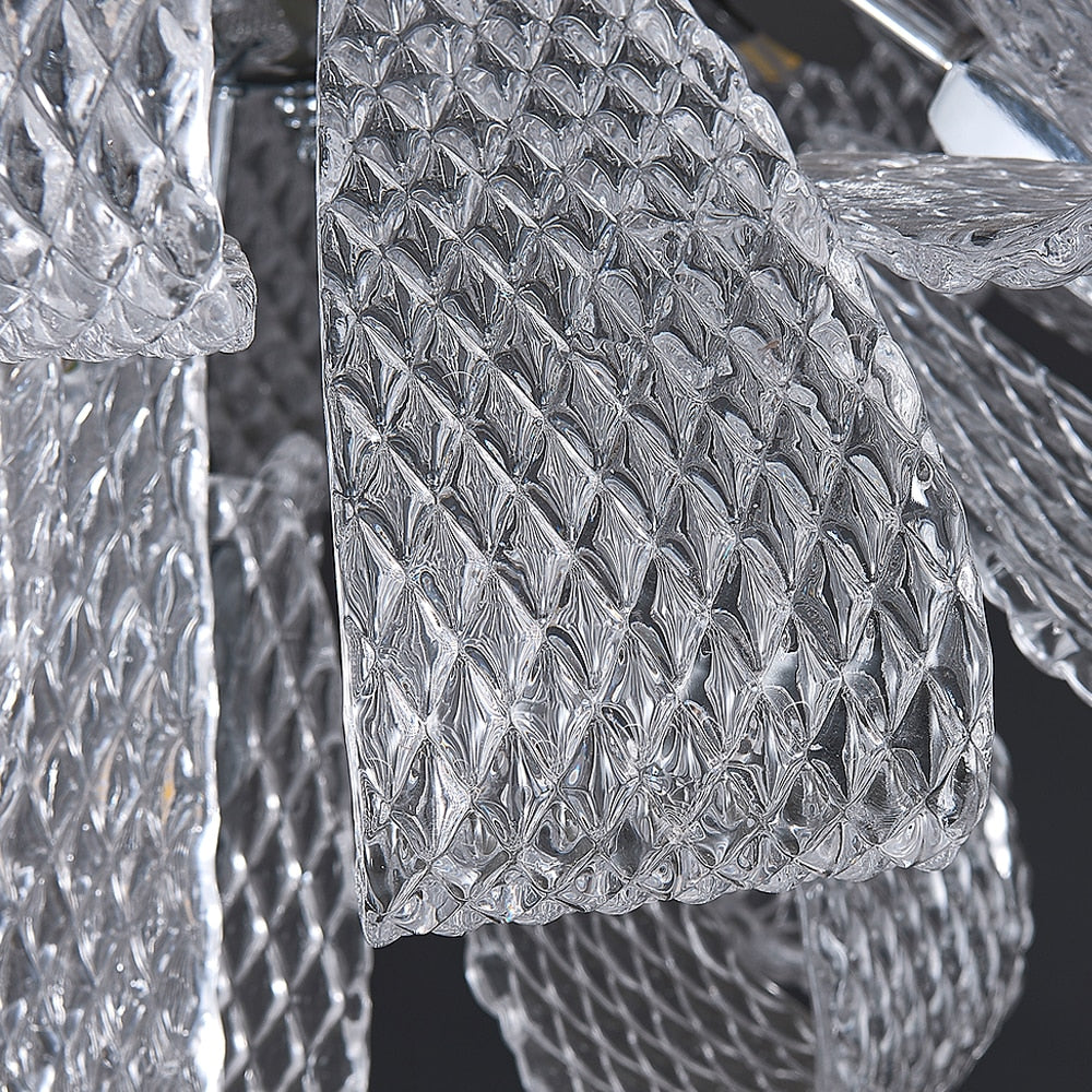Close up of textured glass ribbon elements on VORELLI® Munz rectangular chandelier