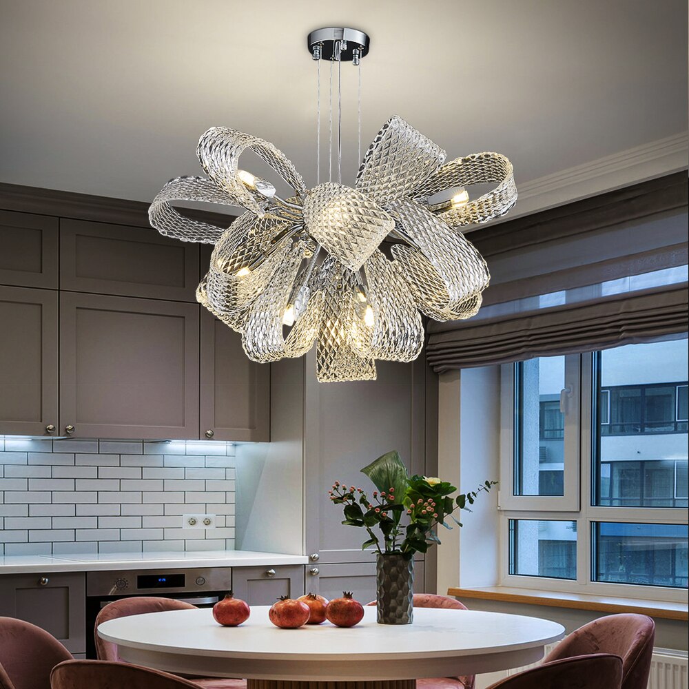 Close up of textured glass ribbon elements on VORELLI® Munz circular chandelier