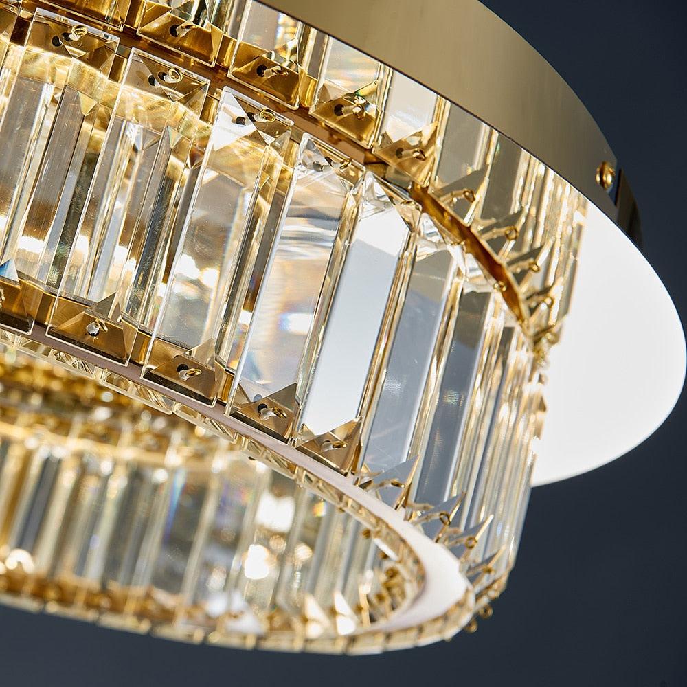 Close up underside view of VORELLI® Oia crystal ceiling light highlighting circular perimeter crystal bars and reflective centre