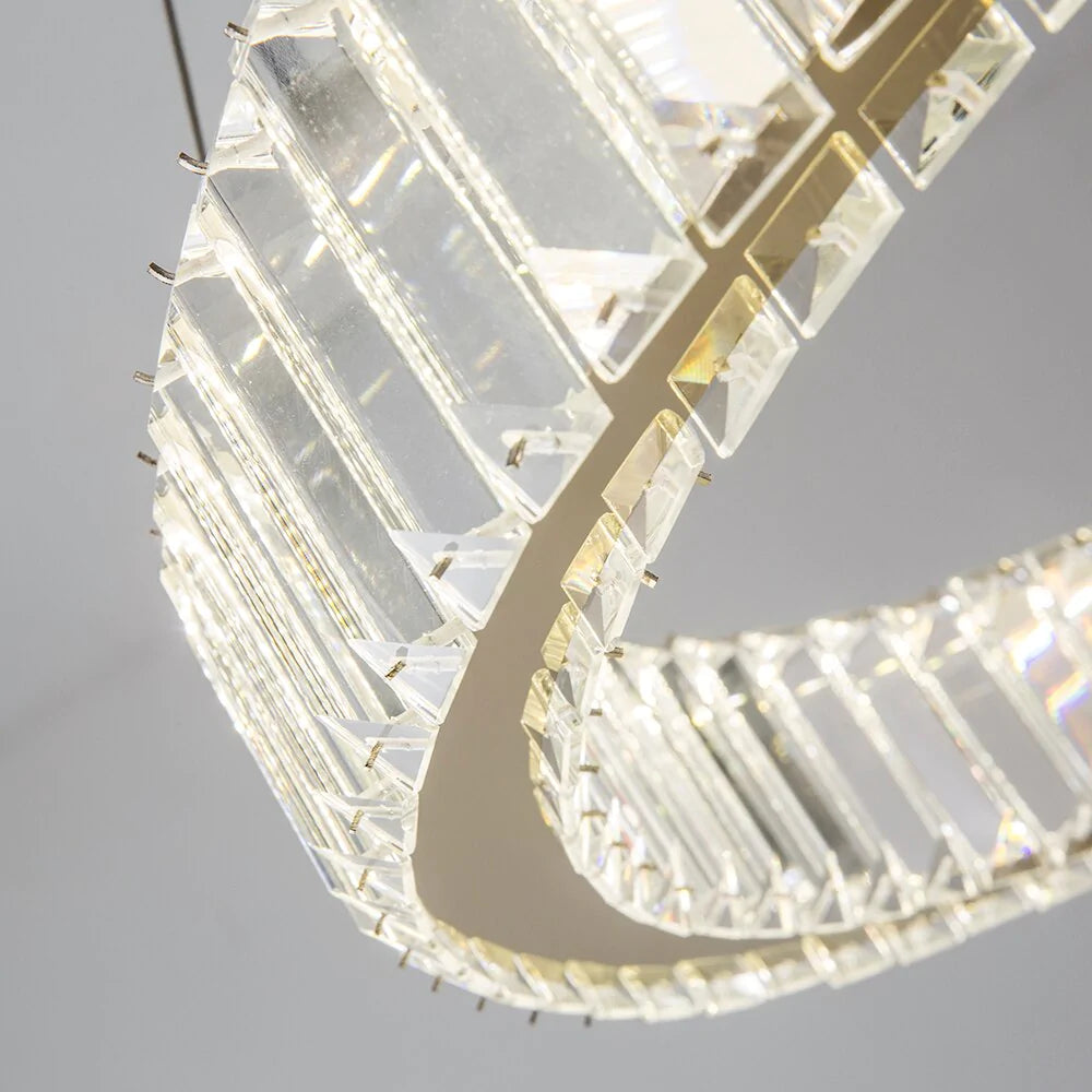 Close up underside view of VORELLI® Oia rectangular crystal chandelier highlighting perimeter crystal bars and structured linear frame