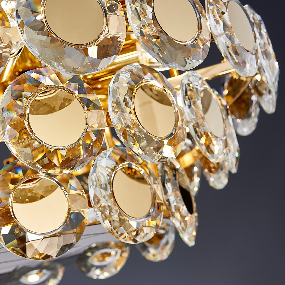 Detailed view of layered crystal discs forming circular structure on VORELLI® Patara ceiling light