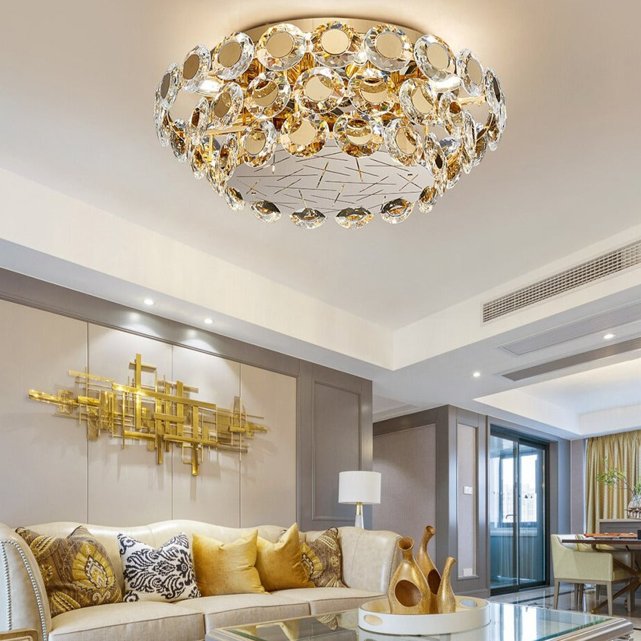 VORELLI® Patara modern crystal ceiling light installed in contemporary living space creating elegant ambient glow