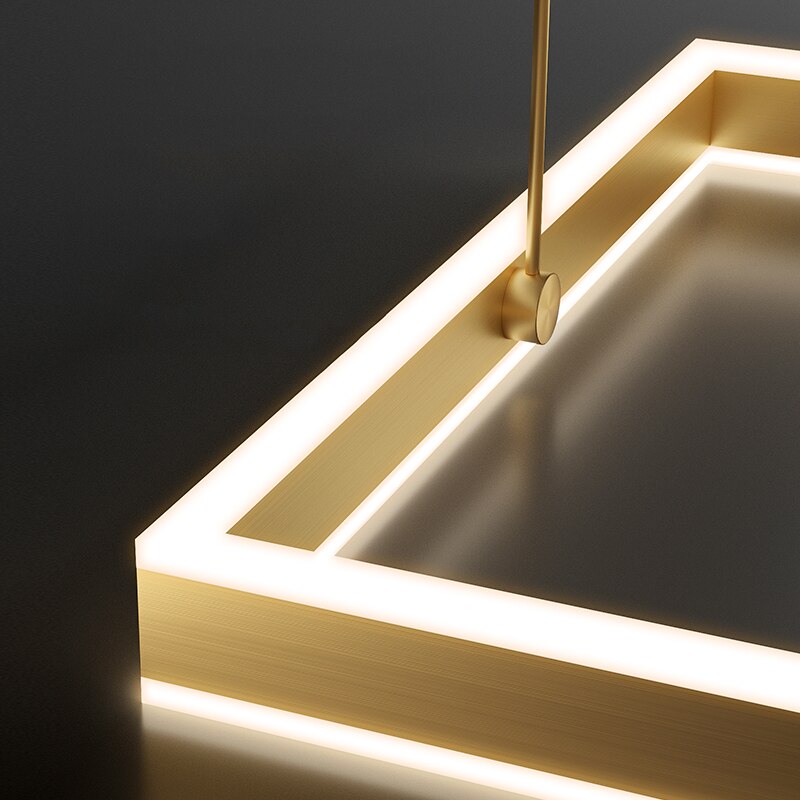 Detailed view of illuminated square chandelier frame with sleek modern LED lighting