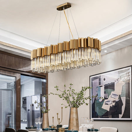 Sleek and elegant rectangular chandelier from Vorelli Lighting's Rectangular Chandeliers Collection, perfect for illuminating kitchen and dining spaces with luxury and style.
