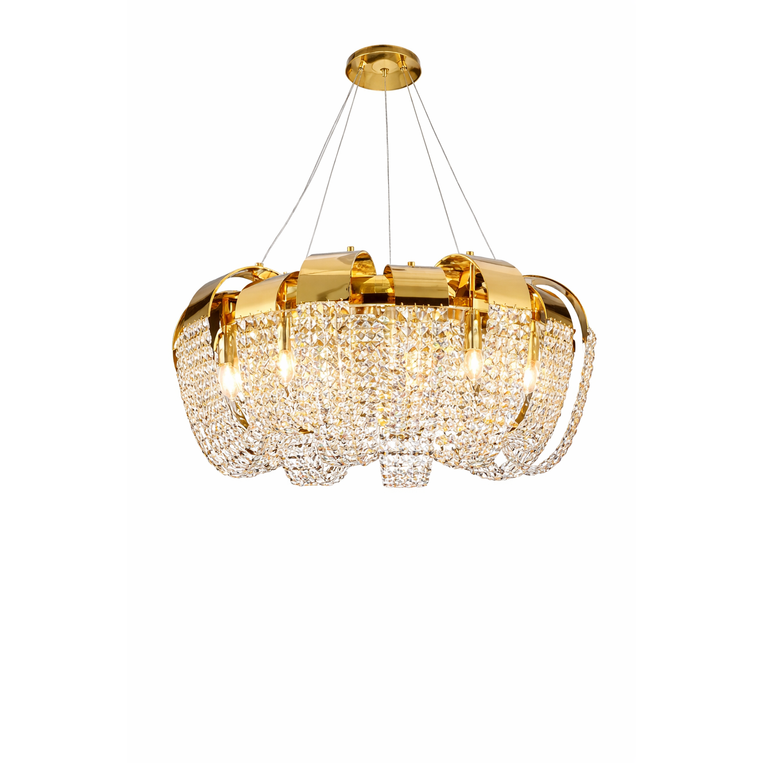 Gold chandelier with crystal accents on a white background