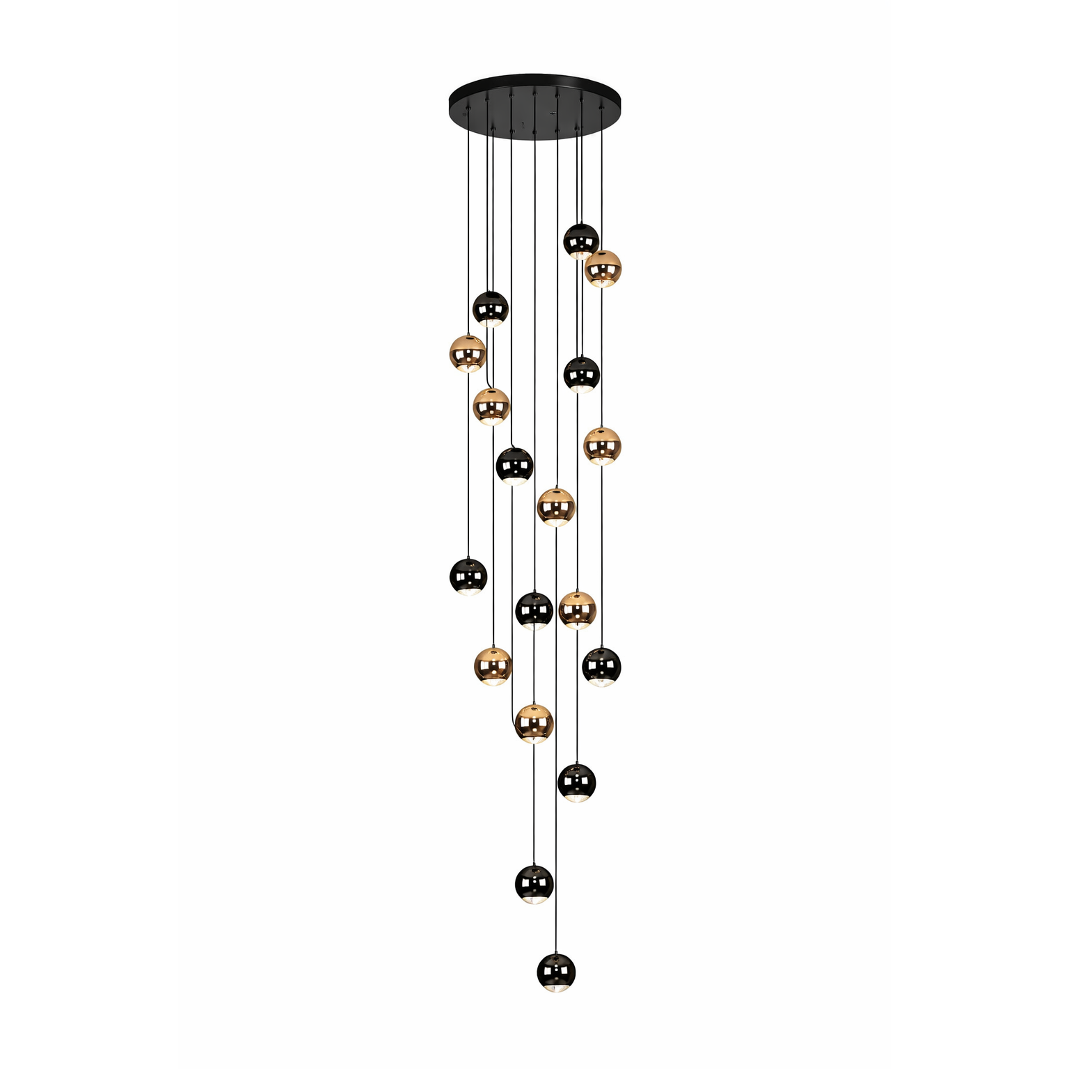 Modern pendant light with black and bronze spherical shades on a white background