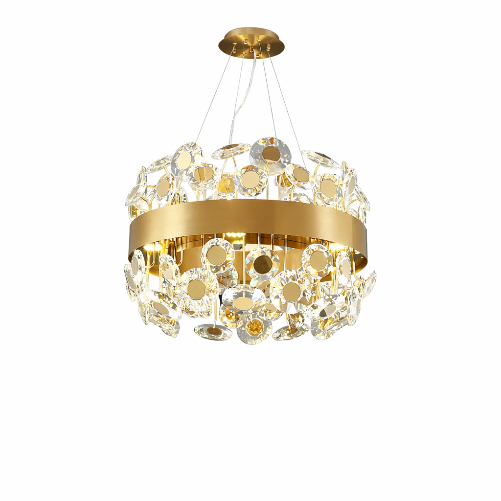 VORELLI® Patara circular chandelier featuring diamond cut crystal discs arranged around structured round frame on white background