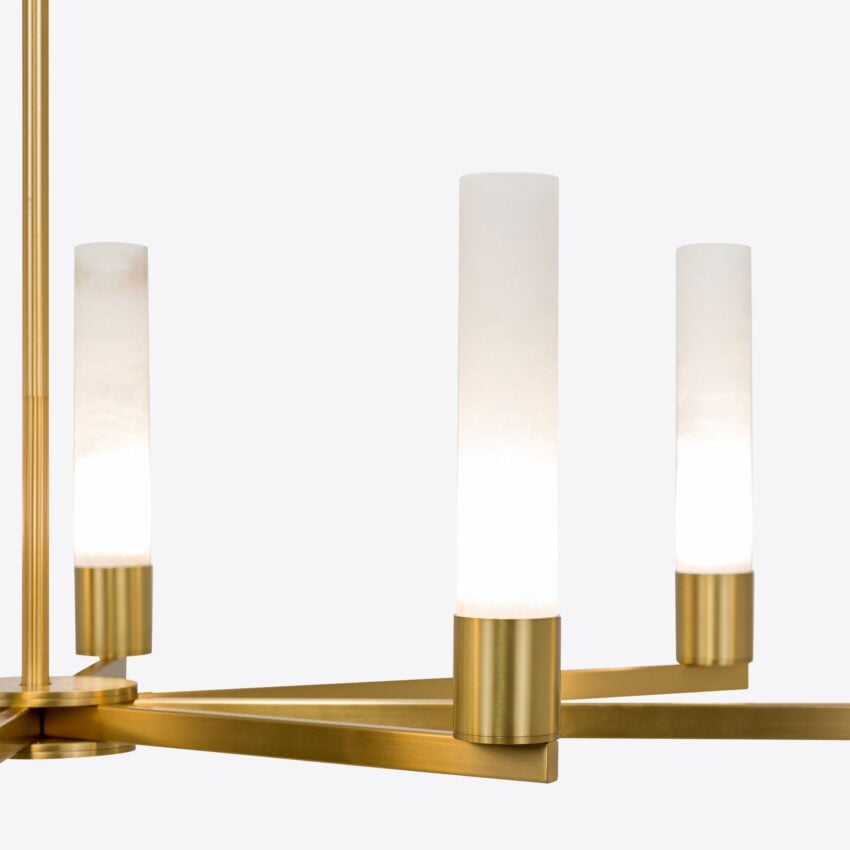 Modern brass and alabaster chandelier for dining room or entryway lighting