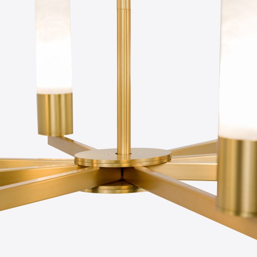Contemporary alabaster tube chandelier with brass arm detailing