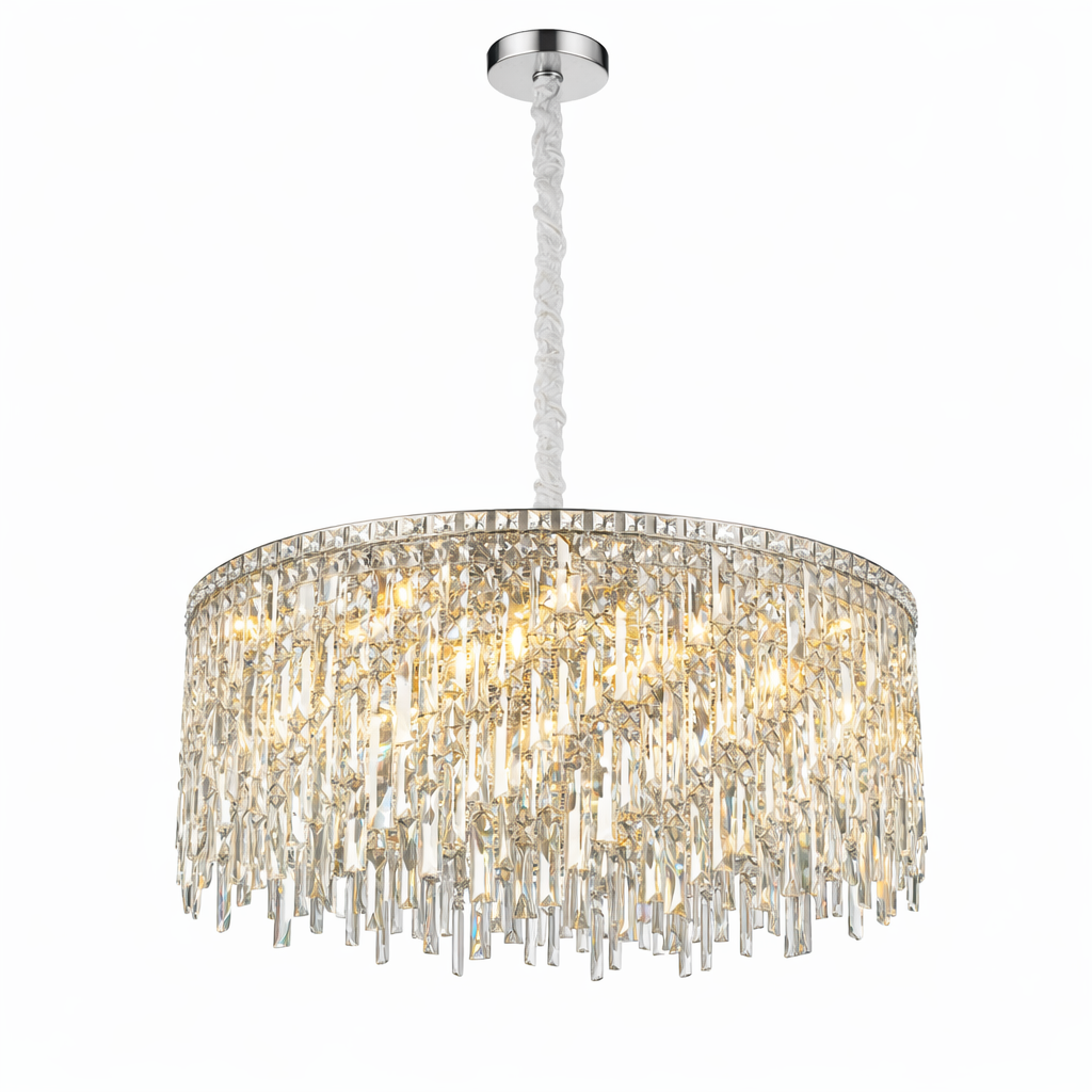 VORELLI Abruzzi circular crystal chandelier with square crystal top frame and cascading diamond cut prism drops on clean white background