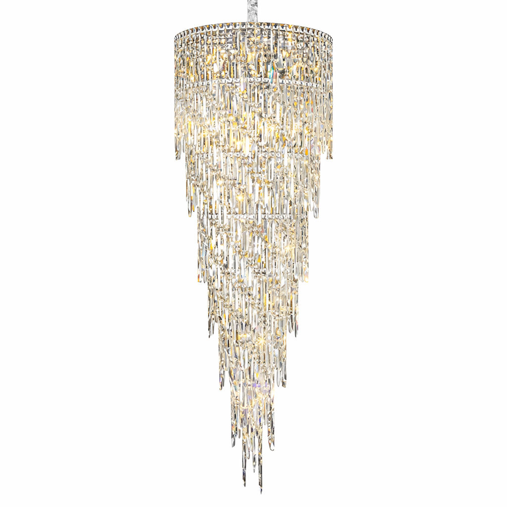 VORELLI Abruzzi cascading crystal staircase chandelier with tiered faceted crystal drops forming a long statement design, luxury lighting for staircases, atriums, and double-height interiors.