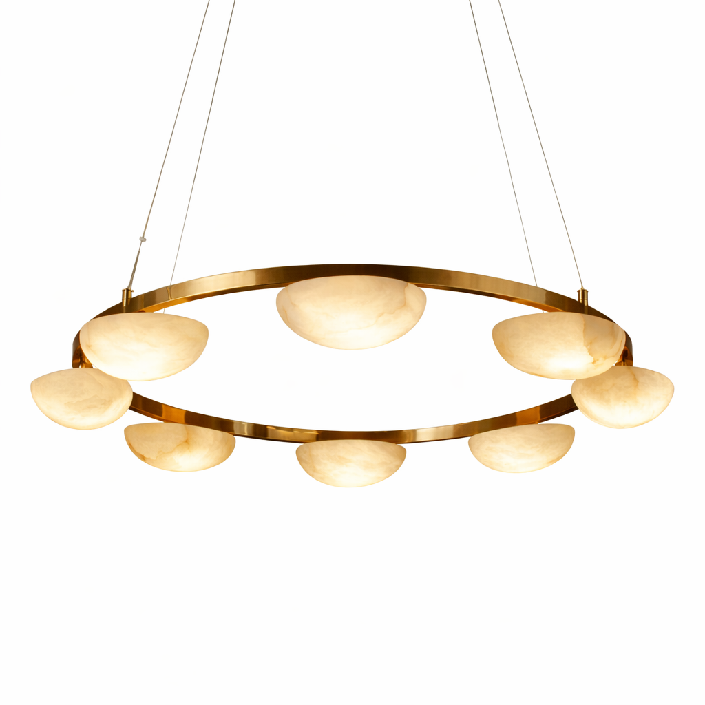 VORELLI Alba circular marble chandelier with illuminated natural stone bowls set within a suspended gold ring, luxury statement lighting for dining rooms, living spaces, and high-end interiors.