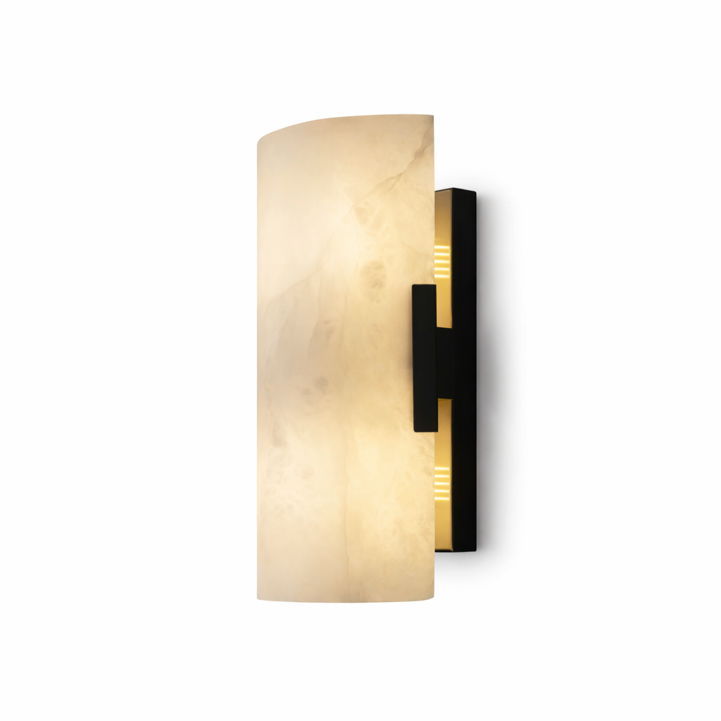 Luxury curved marble wall light with softly illuminated natural stone shade and rectangular wall mount, warm integrated LED glow, isolated on pure white background