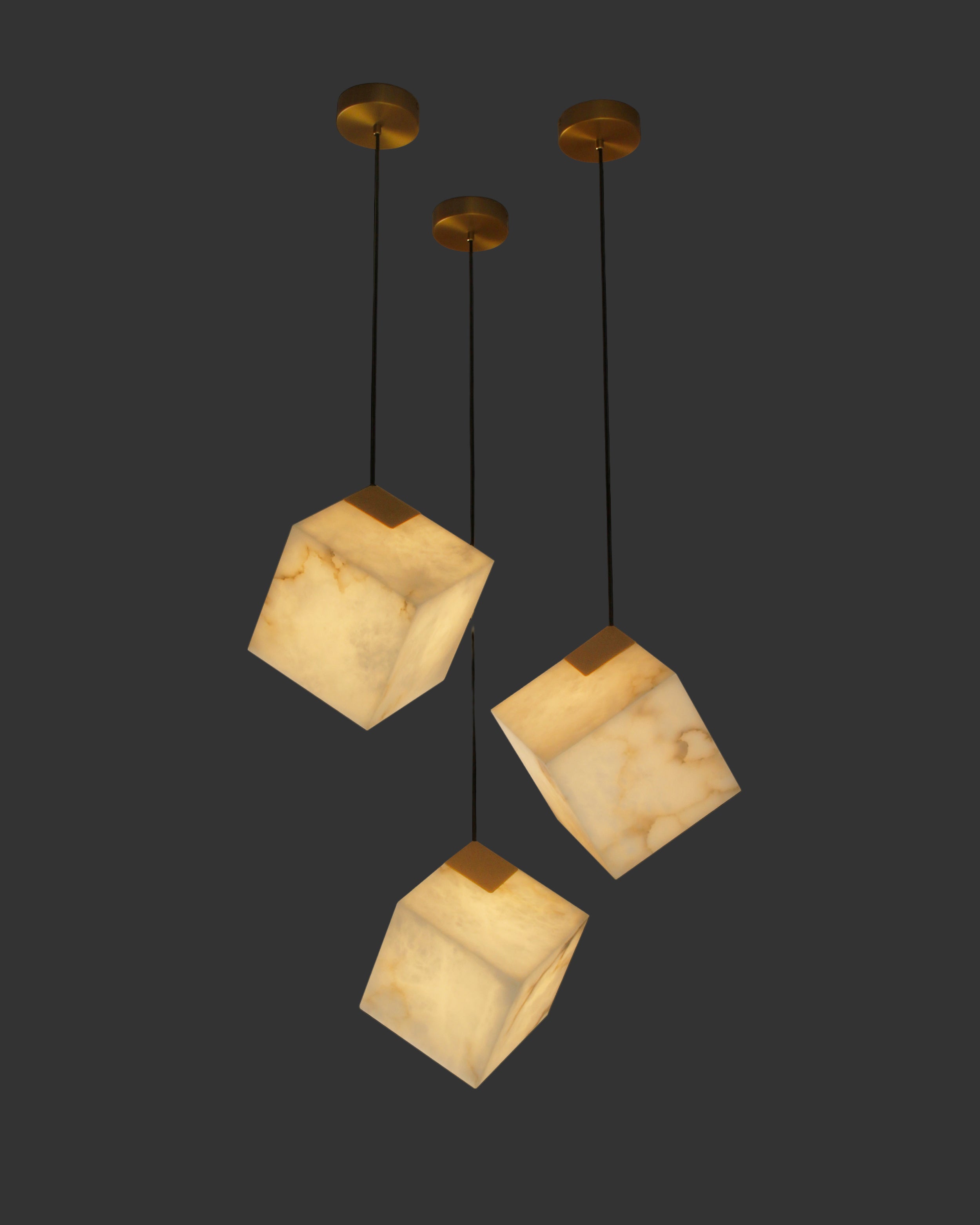Cube Alabaster Marble Pendant Light with Triple Drops on Black Cables