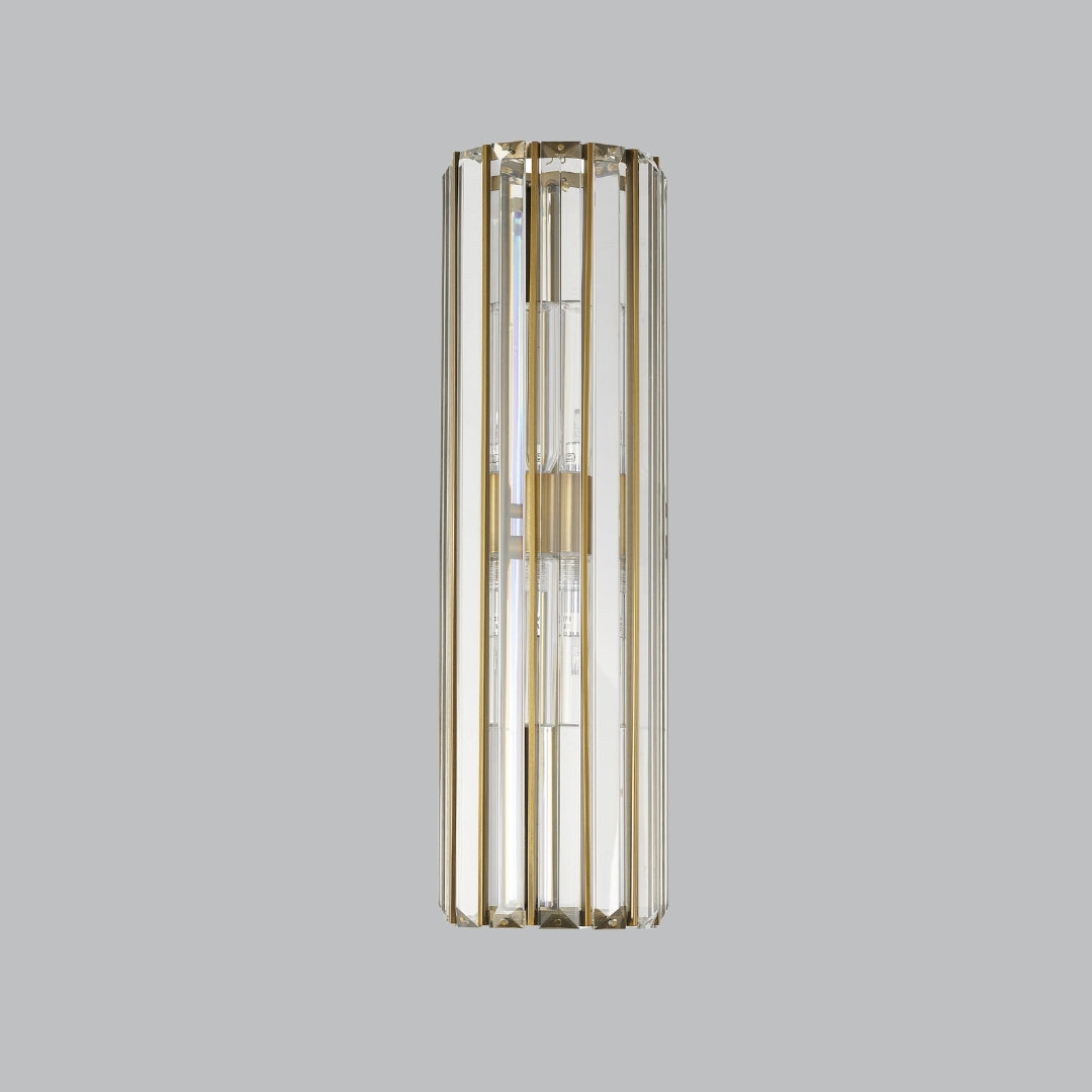 VORELLI Apollo IP65 wall light with vertical crystal bars in a brass finish.