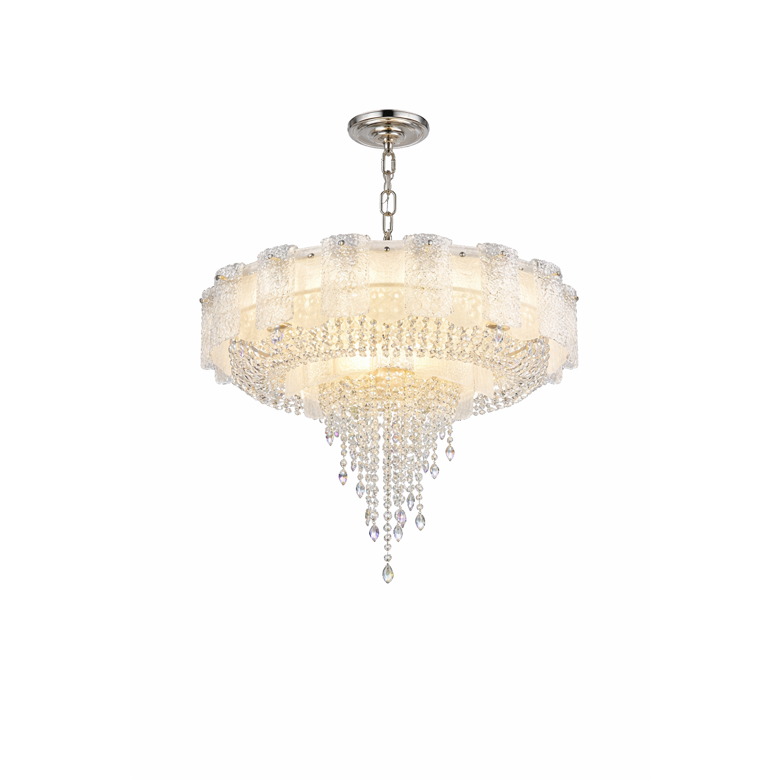 Luxury circular crystal chandelier with layered faceted crystal panels, cascading crystal drop centre, warm integrated illumination, and a polished round ceiling canopy on a pure white background.