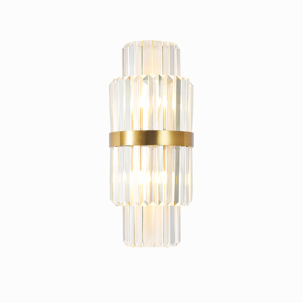 Luxury crystal wall scone light, with Brushed Brass frame. For high-end luxury interiors, residential and hospitality.