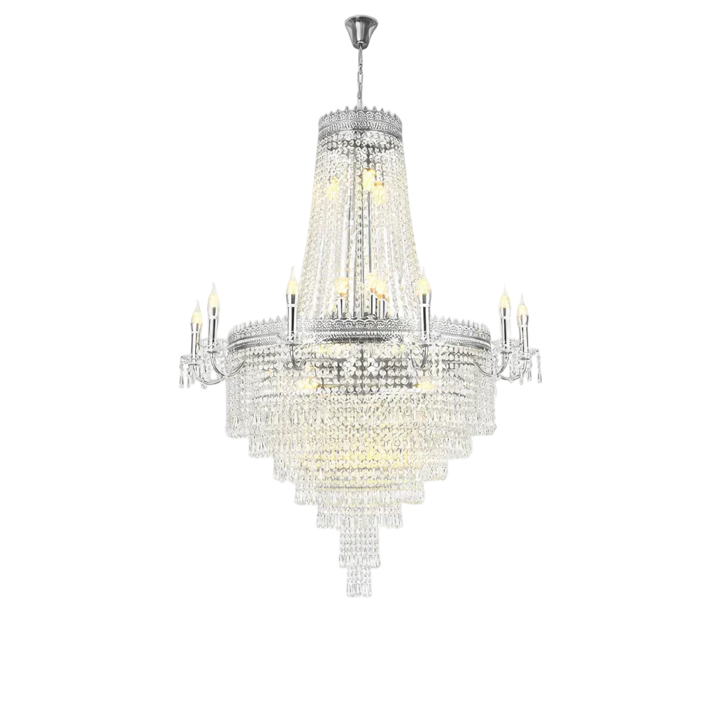 Grand luxury crystal staircase chandelier with multi-tiered cascading faceted crystals and candle-style arms, suspended in a modern double-height interior, elegant statement lighting for staircases, foyers, and high-end residential or hospitality spaces.