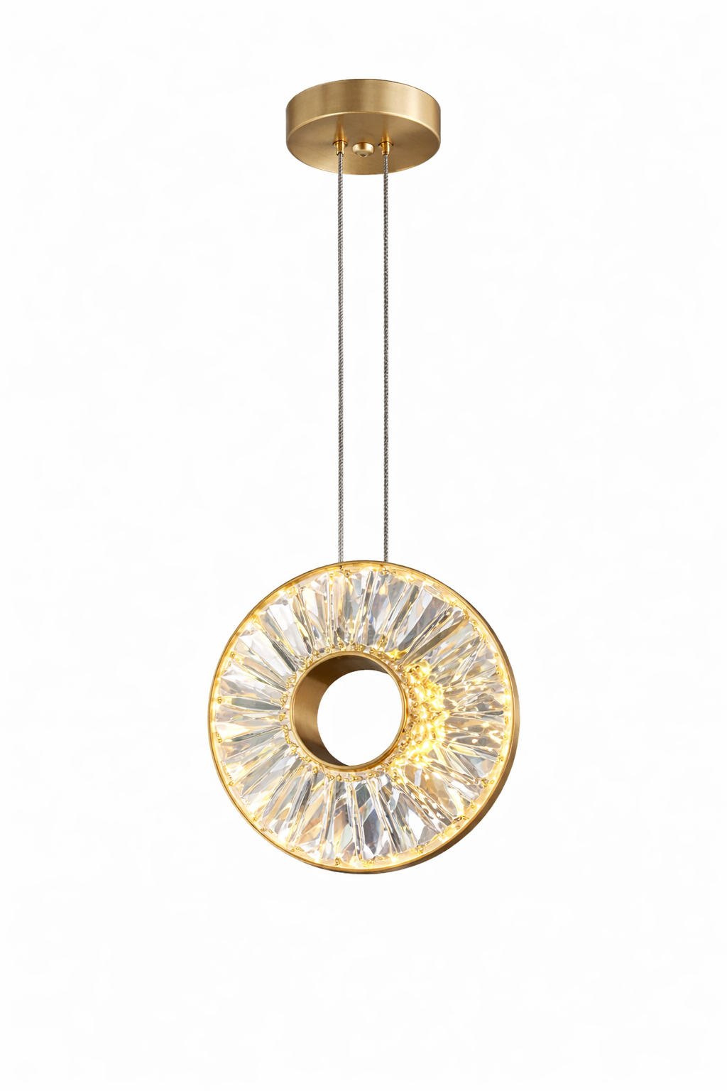 Gold circular crystal pendant light with faceted radial glass design, brushed gold canopy, and dual suspension wires, shown as a single pendant on a clean white background.