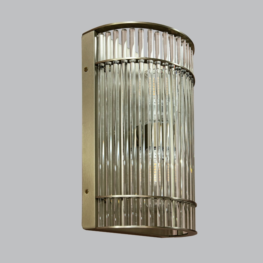 VORELLI Neptune IP65 wall light with cylinder crystal tubes in a champagne finish.