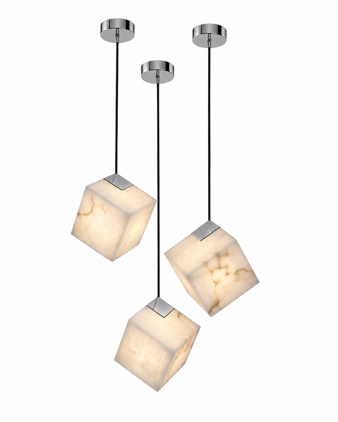 A close crop capturing the elegant textures and subtle luxury of the VORELLI Cube natural marble light fixture.