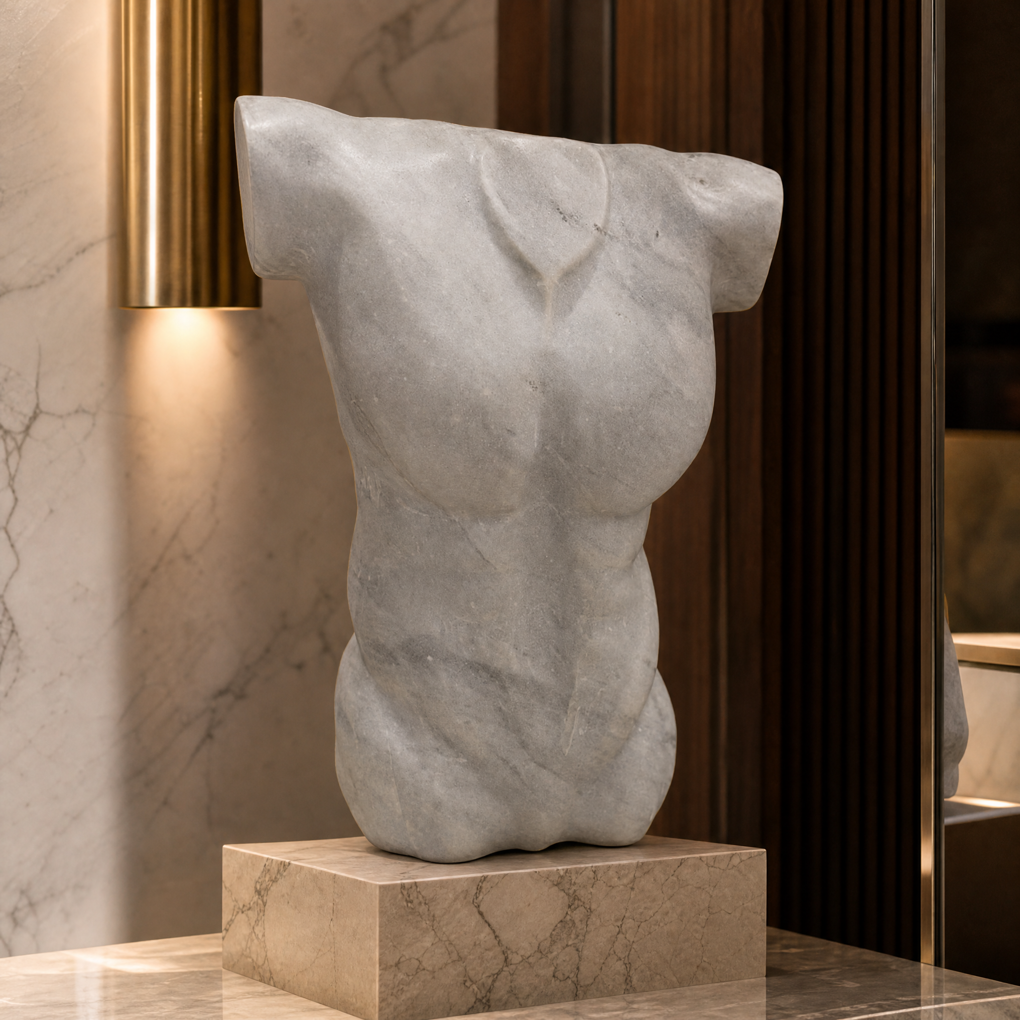 A close-up shot highlighting the distinct, smooth contours and polished finish of the Adriano Torso Decor by VORELLI.