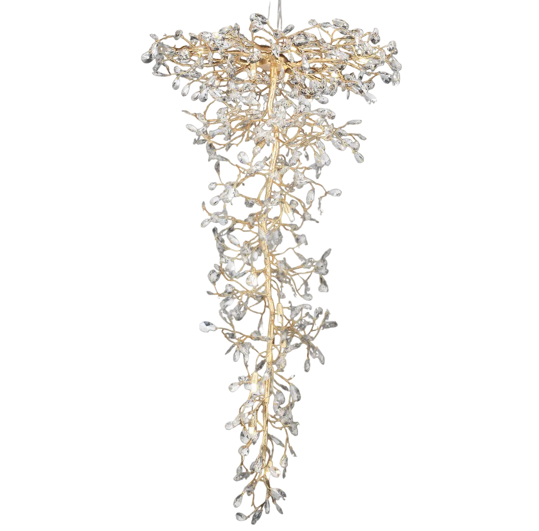 A close-up shot of the VORELLI Entwine Spiral Staircase Chandelier, showcasing the cascading crystal prisms that catch the light, creating a mood of quiet luxury.