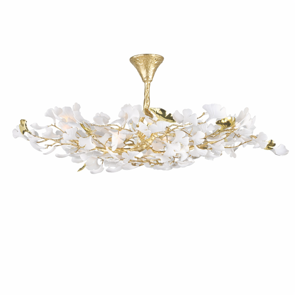 A close-up view capturing the soft ambient illumination diffusing through the delicate floral glass elements of the VORELLI Prano modern ceiling fixture.