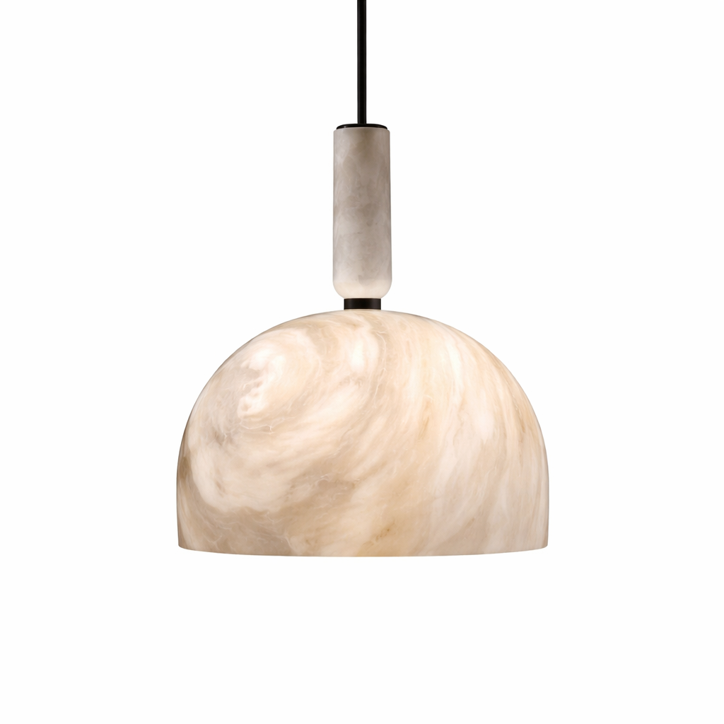 A close-up view capturing the soft curves and fine craftsmanship of the VORELLI Aphrodite marble pendant light, emphasizing its glowing stone finish.