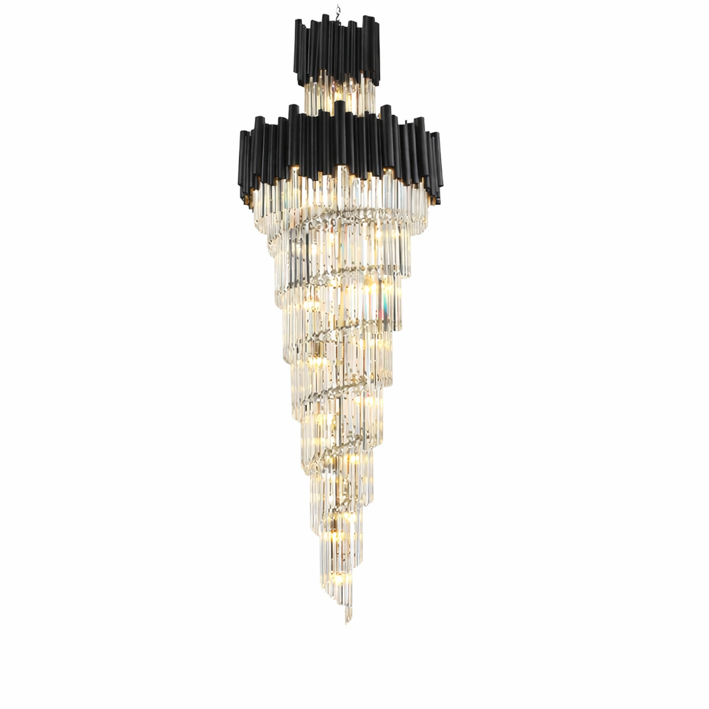 A close-up view highlighting the sophisticated craftsmanship and cascading crystal bars of the Gotham spiral staircase chandelier, evoking a moody, opulent atmosphere.