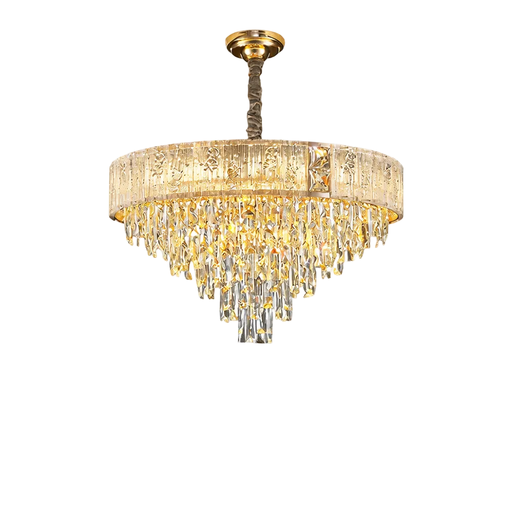 A close-up view of the Patrizio Circular Chandelier by VORELLI, highlighting the intricate texture of the cracked crystal upper rim and the shimmering diamond-cut rectangle crystals.